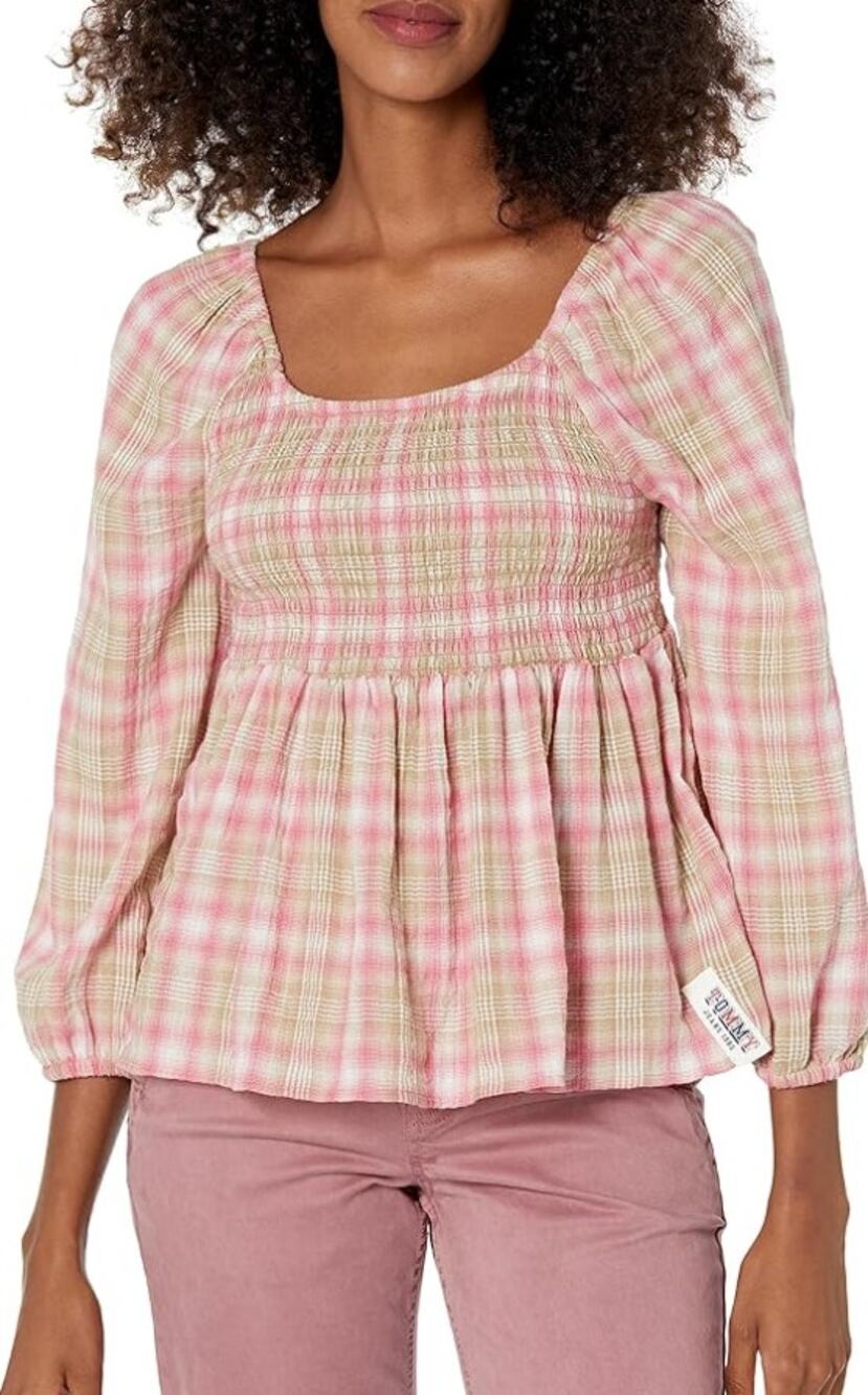 TOMMY JEANS Womens Peplum Top Medium Pink Rosebud Plaid Scoop Neck NWT
